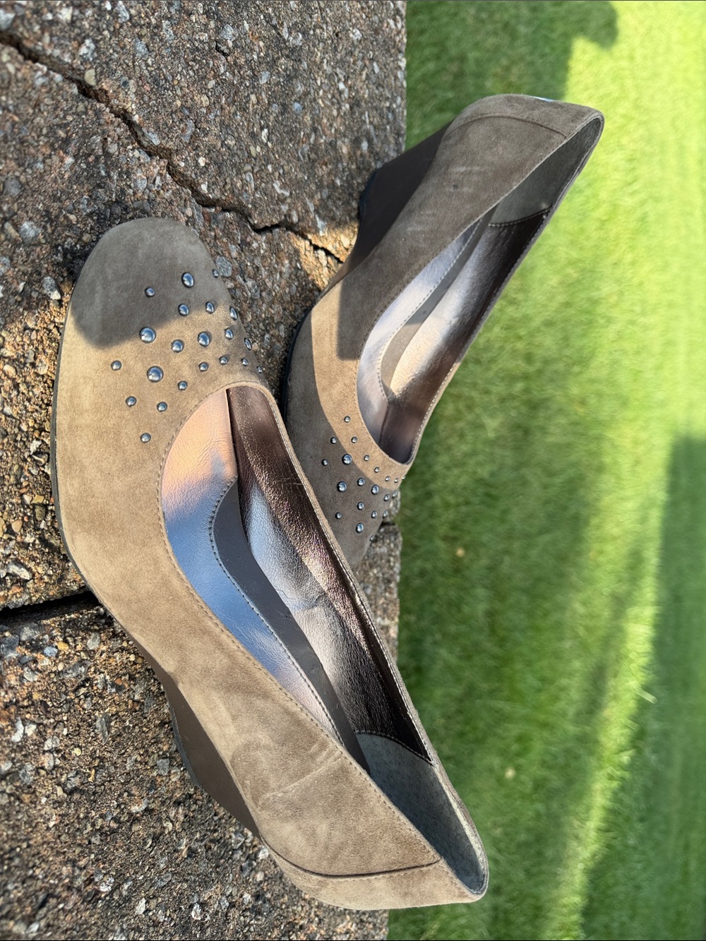 Sofft Taupe Suede Wedge Pumps with Stud Accents